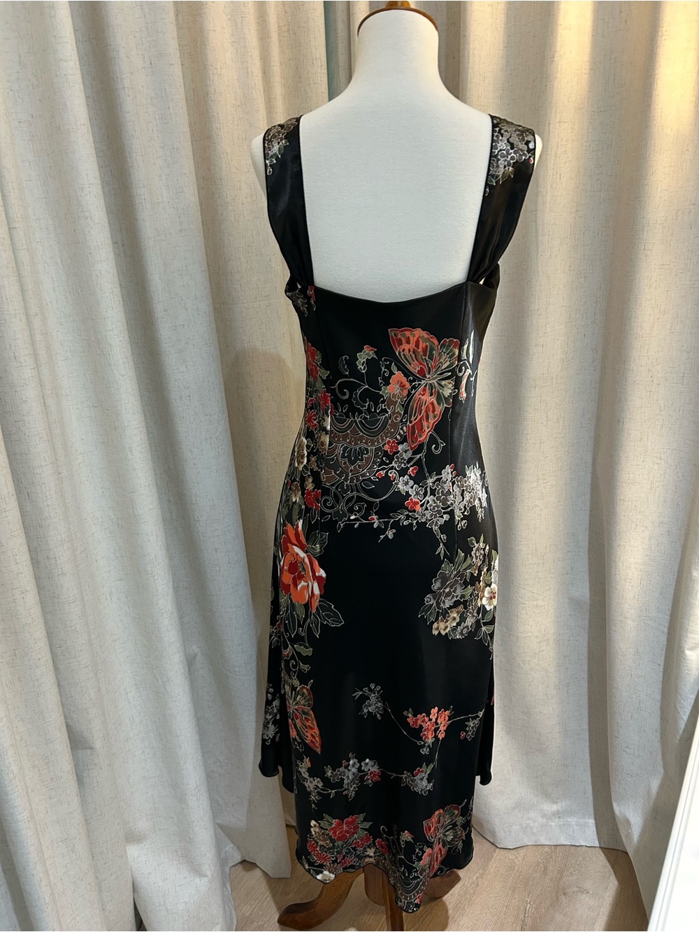 Vtg Y2K A. Byer Floral Butterfly Black Satin Empire Waist Midi Dress Size 11 - Picture 4 of 10